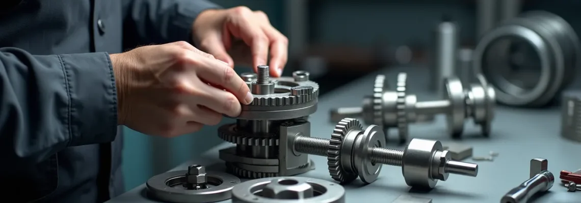 Illustration d'un assemblage mécanique de précision montrant des composants métalliques et des mains d'opérateur qualifié travaillant avec attention