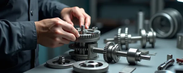 Illustration d'un assemblage mécanique de précision montrant des composants métalliques et des mains d'opérateur qualifié travaillant avec attention