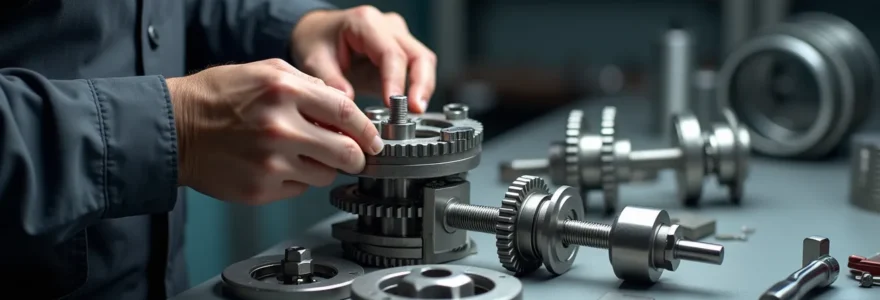 Illustration d'un assemblage mécanique de précision montrant des composants métalliques et des mains d'opérateur qualifié travaillant avec attention