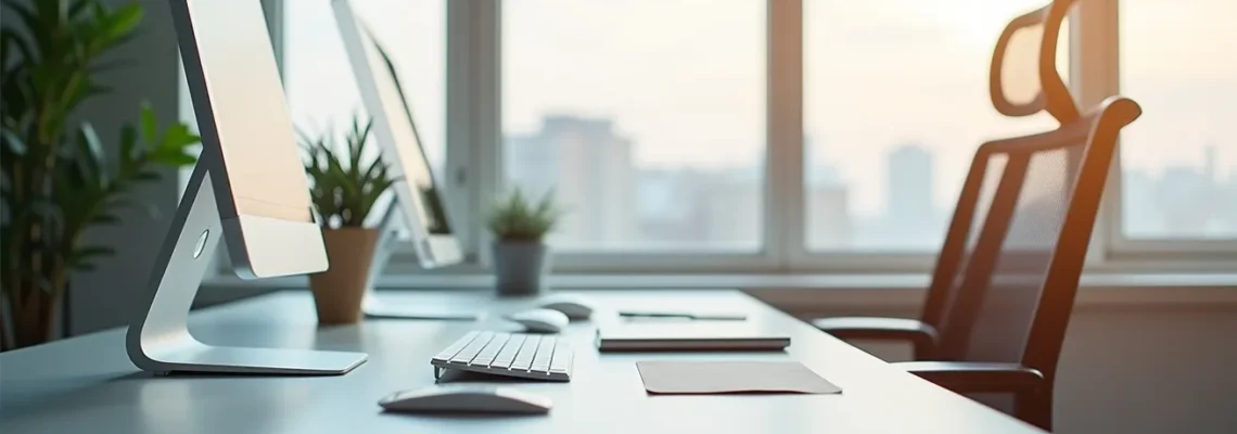 Un bureau droit moderne et épuré dans un espace de travail lumineux, avec une composition symétrique et un éclairage naturel cinématographique, mettant en valeur un environnement professionnel calme et propice à la concentration
