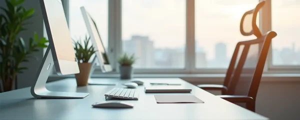 Un bureau droit moderne et épuré dans un espace de travail lumineux, avec une composition symétrique et un éclairage naturel cinématographique, mettant en valeur un environnement professionnel calme et propice à la concentration