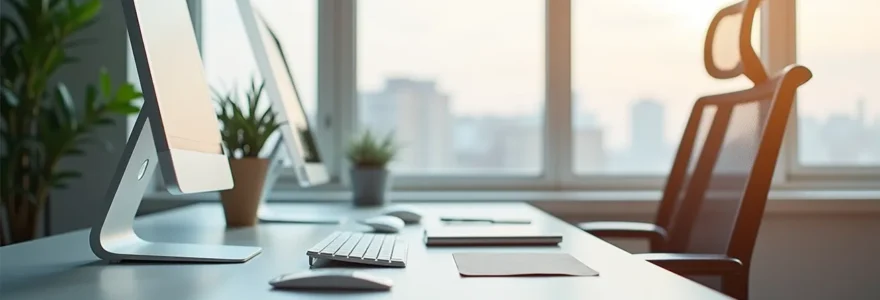 Un bureau droit moderne et épuré dans un espace de travail lumineux, avec une composition symétrique et un éclairage naturel cinématographique, mettant en valeur un environnement professionnel calme et propice à la concentration