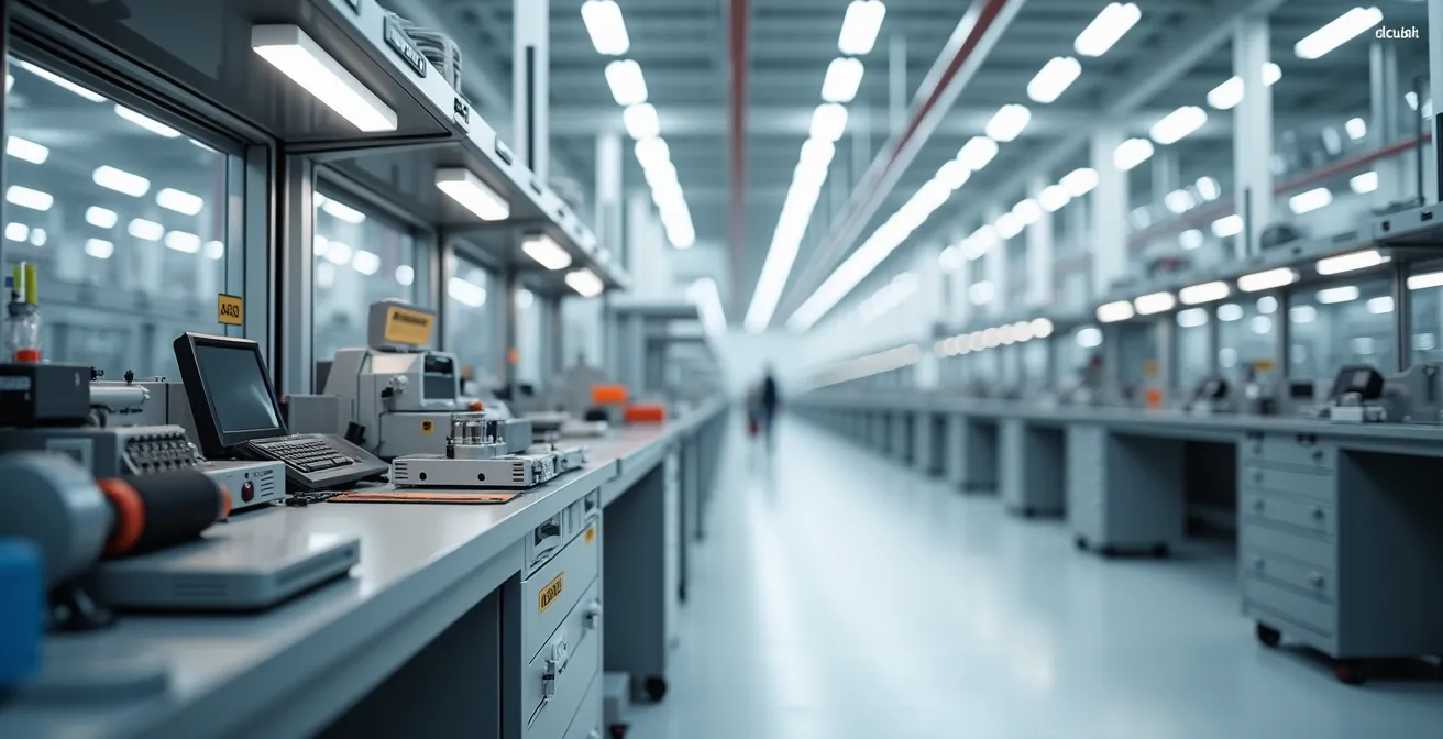 Vue large d'un atelier d'assemblage moderne et épuré avec postes de travail organisés, lumière naturelle diffuse, espace minimal