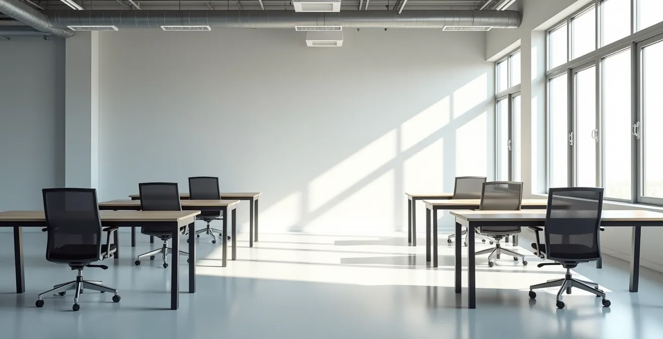 Pourtour d’espace de travail épuré avec plusieurs bureaux droits alignés dans un environnement professionnel lumineux et ordonné