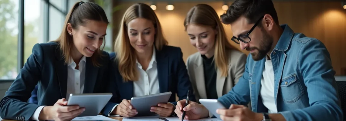 Illustration réaliste d'une réunion d'équipe en entreprise examinant des projets d'investissement, avec composition nette, lumière cinématographique douce, textures fines sur table et vêtements, bokeh naturel en arrière-plan