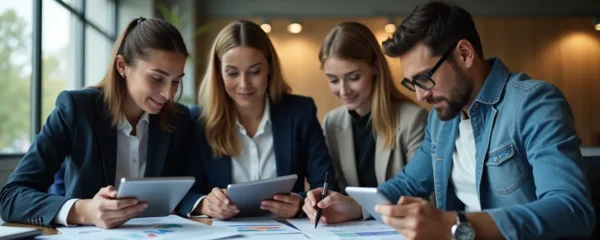 Illustration réaliste d'une réunion d'équipe en entreprise examinant des projets d'investissement, avec composition nette, lumière cinématographique douce, textures fines sur table et vêtements, bokeh naturel en arrière-plan