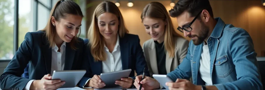 Illustration réaliste d'une réunion d'équipe en entreprise examinant des projets d'investissement, avec composition nette, lumière cinématographique douce, textures fines sur table et vêtements, bokeh naturel en arrière-plan