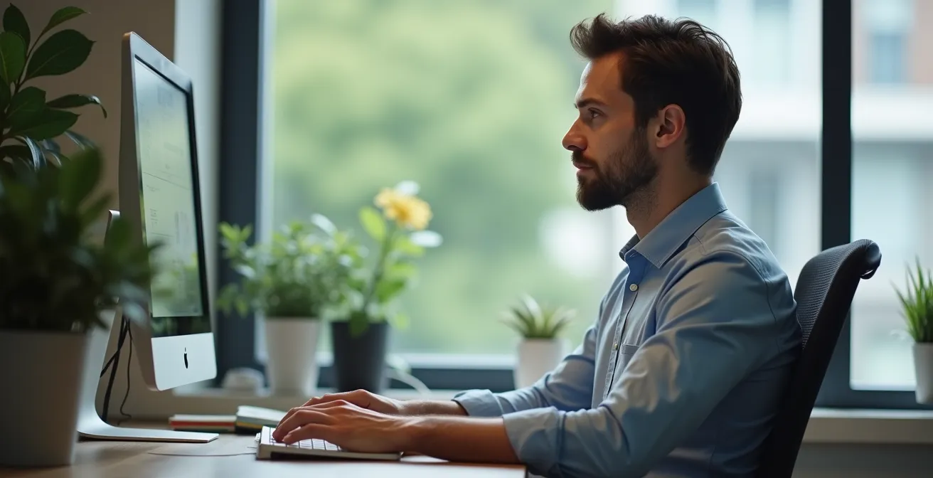 Employé assis droit avec posture ergonomique correcte devant un bureau droit dans un bureau moderne