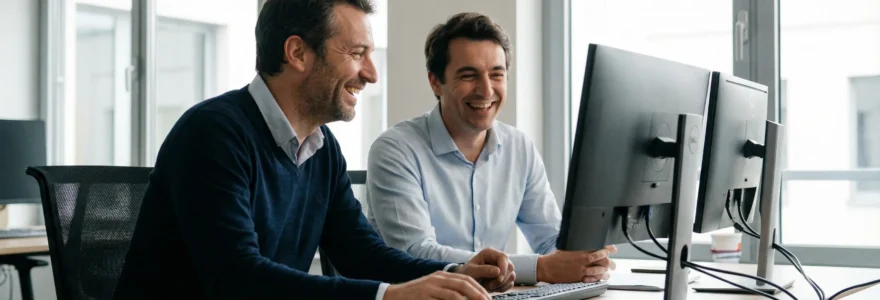 Dirigeant PME et conseiller analysant dossier subvention sur écran