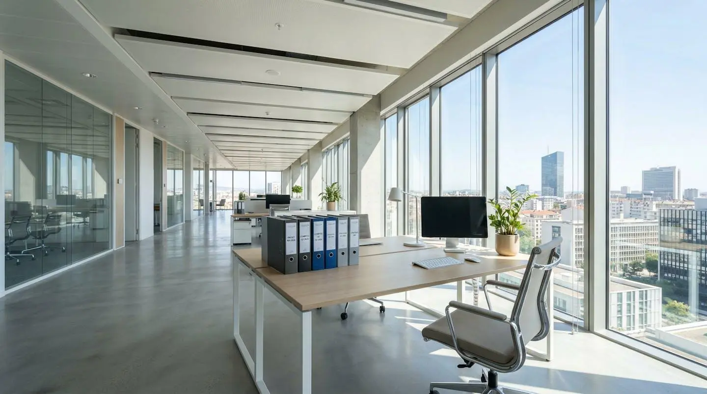 Bureau contemporain vide et lumineux avec pile de dossiers cartonnés sur un coin de table, grande fenêtre en arrière-plan diffusant une lumière naturelle