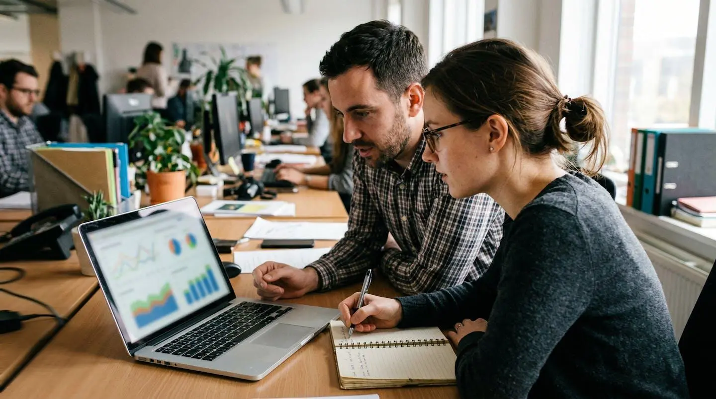 Deux personnes penchées de profil sur un écran d'ordinateur portable affichant des graphiques floutés, l'une prend des notes sur un carnet