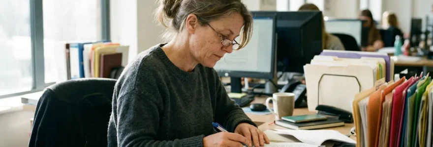 Une femme concentrée examine des documents à son bureau, lumière naturelle de fenêtre, environnement de travail avec dossiers empilés