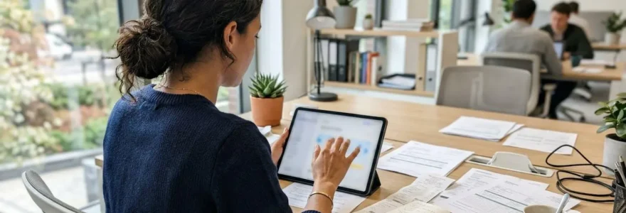 Un dirigeant de PME consulte des documents administratifs sur sa tablette, avec des papiers éparpillés sur un bureau moderne, vue de dos, lumière naturelle d'une fenêtre