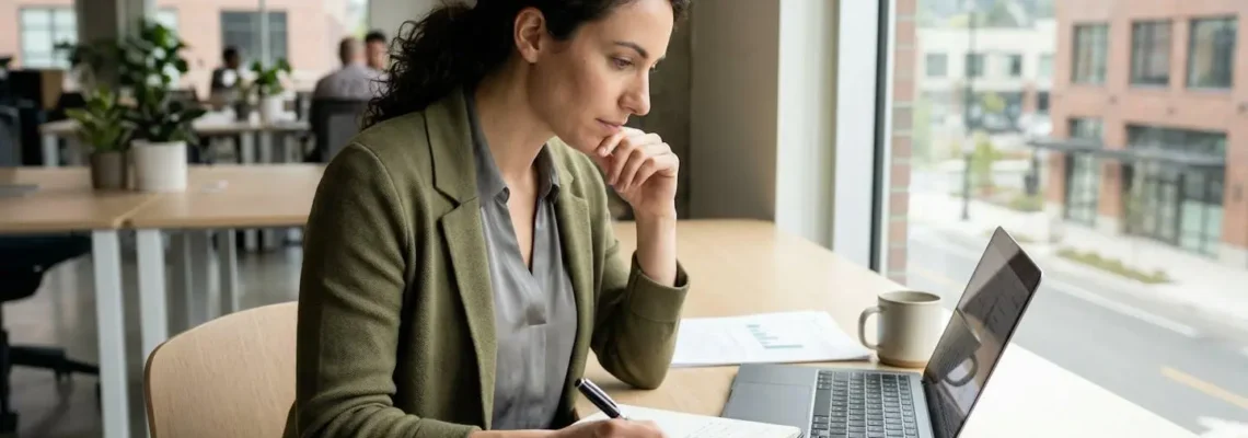 Un entrepreneur vu de profil, concentré devant son ordinateur portable ouvert sur un document administratif dans un bureau lumineux