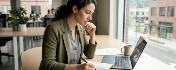 Un entrepreneur vu de profil, concentré devant son ordinateur portable ouvert sur un document administratif dans un bureau lumineux