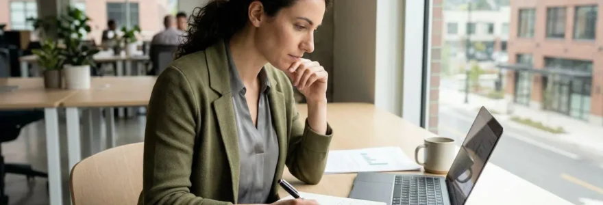 Un entrepreneur vu de profil, concentré devant son ordinateur portable ouvert sur un document administratif dans un bureau lumineux
