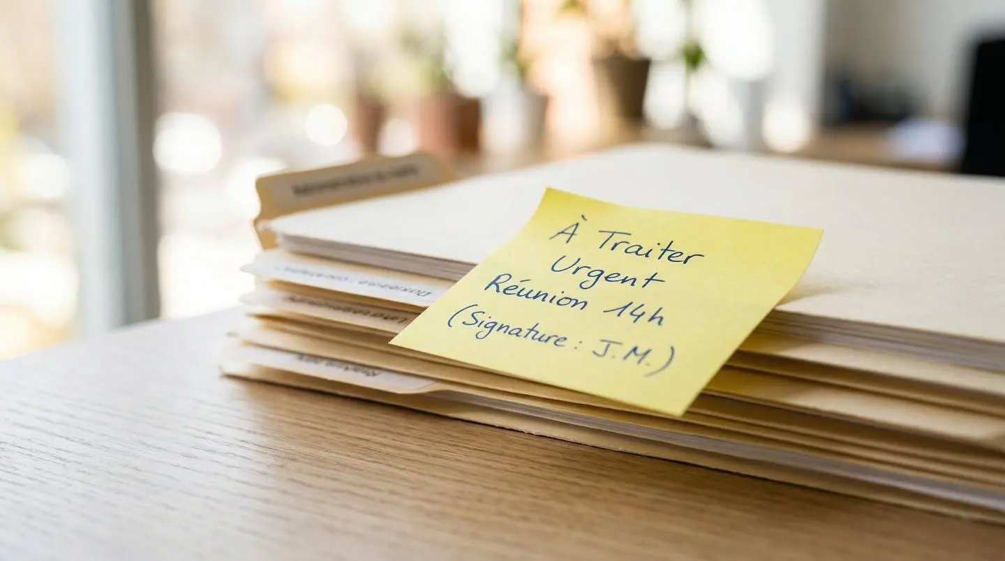 Gros plan sur une pile de dossiers administratifs avec un post-it jaune marqué 'À clarifier' collé sur le dessus, texture papier visible
