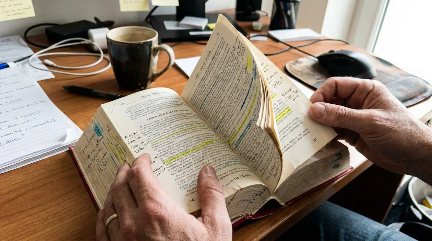 Gros plan sur des mains feuilletant un Code du travail annoté posé sur un bureau encombré de documents