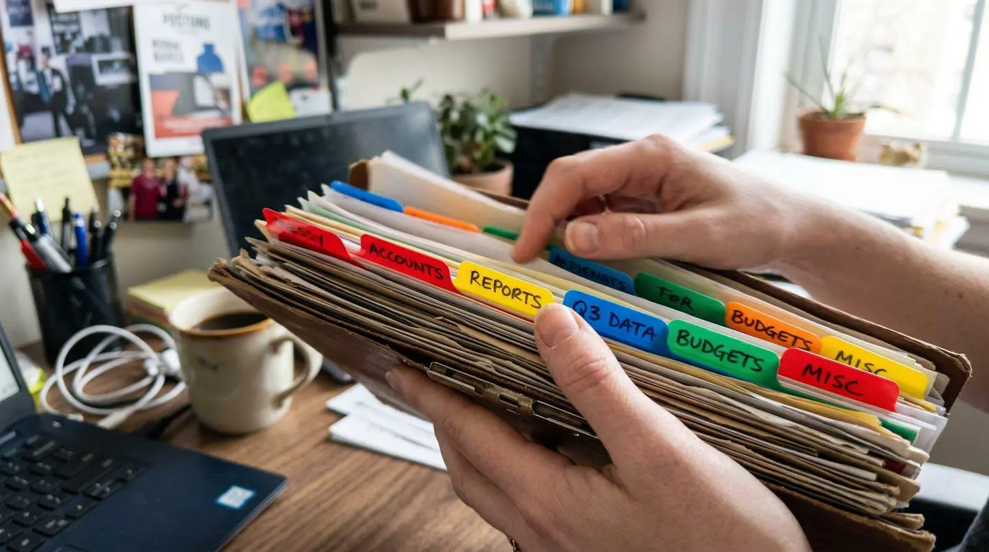 Des mains feuilletant un dossier épais avec des onglets colorés, bureau encombré visible en arrière-plan flou