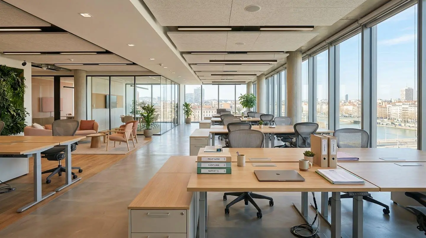 Open-space moderne d'une PME avec bureau vide mais documents soigneusement rangés, lumière naturelle abondante, architecture contemporaine