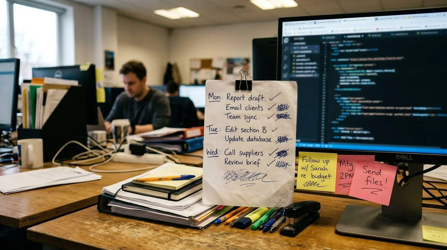 Des post-it et une checklist manuscrite collés à côté d'un écran d'ordinateur flouté, environnement de bureau réaliste