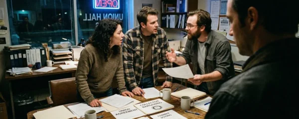 Trois collègues debout autour d'une table dans une salle de pause, discutant de manière animée avec des documents en main