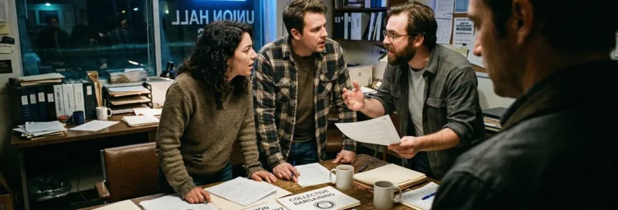 Trois collègues debout autour d'une table dans une salle de pause, discutant de manière animée avec des documents en main