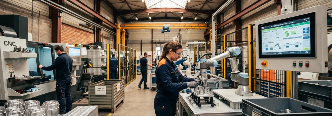 Atelier de production industrielle moderne en France montrant opérateurs travaillant avec robots collaboratifs, écrans de données temps réel et équipements de fabrication sous lumière naturelle zénithale