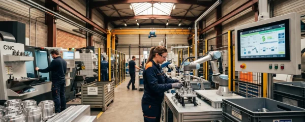 Atelier de production industrielle moderne en France montrant opérateurs travaillant avec robots collaboratifs, écrans de données temps réel et équipements de fabrication sous lumière naturelle zénithale