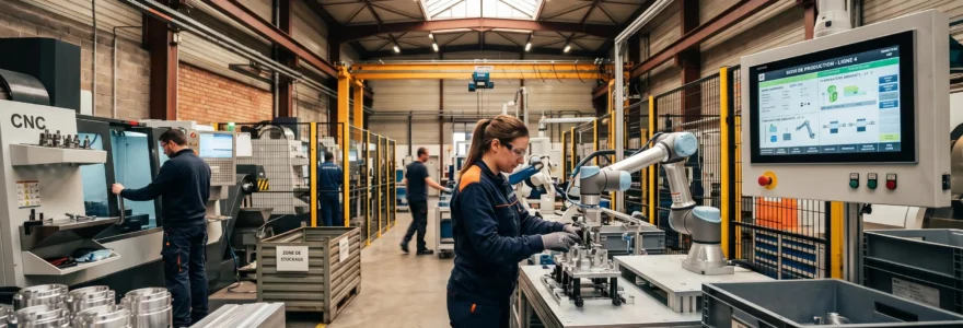 Atelier de production industrielle moderne en France montrant opérateurs travaillant avec robots collaboratifs, écrans de données temps réel et équipements de fabrication sous lumière naturelle zénithale