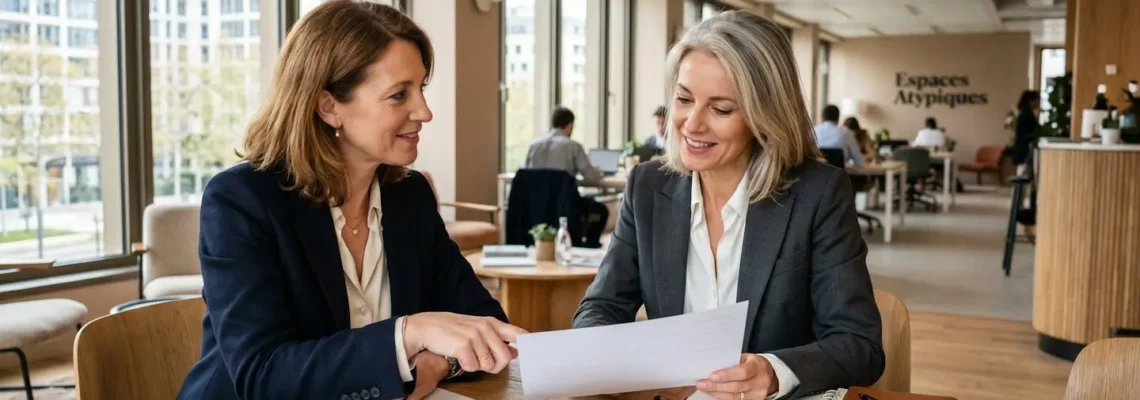 Responsable RH et dirigeant d'entreprise discutant d'une collaboration avec un expert en portage salarial dans une salle de réunion moderne