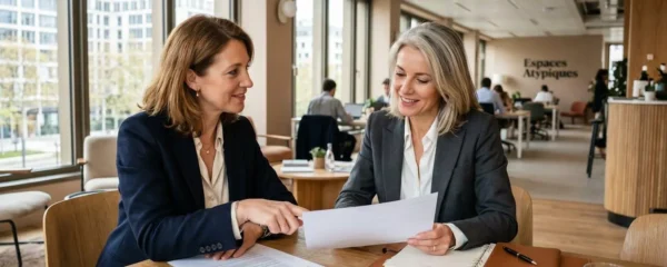 Responsable RH et dirigeant d'entreprise discutant d'une collaboration avec un expert en portage salarial dans une salle de réunion moderne