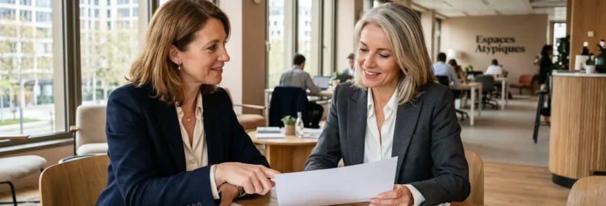 Responsable RH et dirigeant d'entreprise discutant d'une collaboration avec un expert en portage salarial dans une salle de réunion moderne
