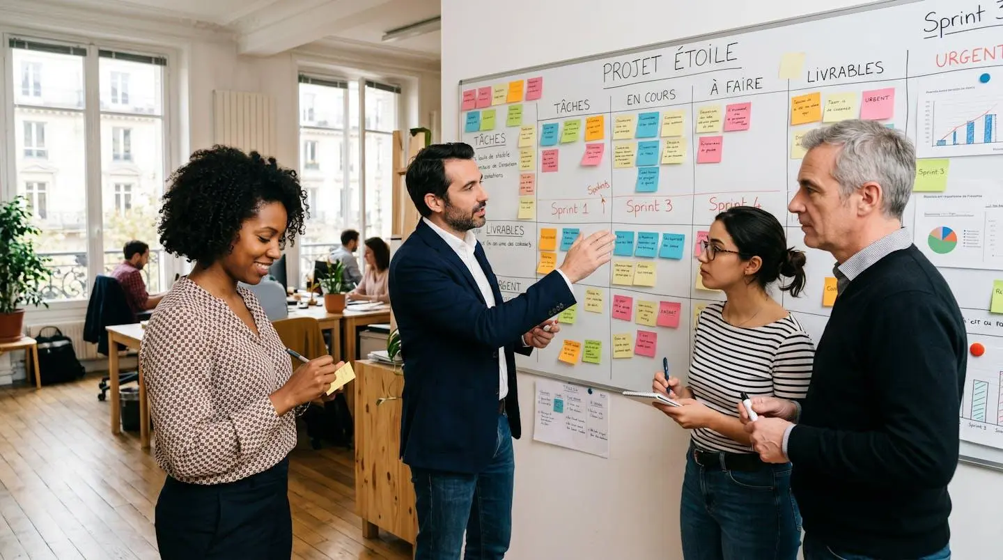 Équipe de projet mixte debout devant un tableau de planification dans un espace de travail collaboratif, en train d'organiser les étapes d'un grand chantier d'entreprise