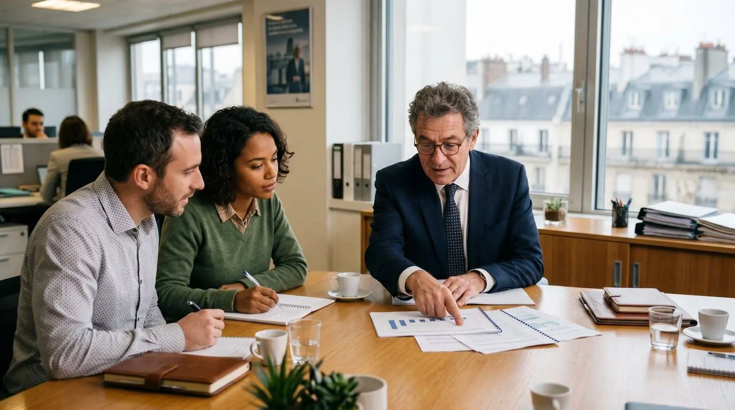 Cadre senior expérimenté transmettant son expertise à une équipe plus jeune autour d'une table de travail en entreprise