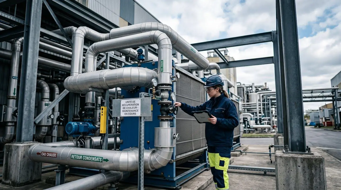 Installation de récupération de chaleur industrielle sur site français avec technicien effectuant contrôle maintenance, équipements thermiques et tuyauteries isolées