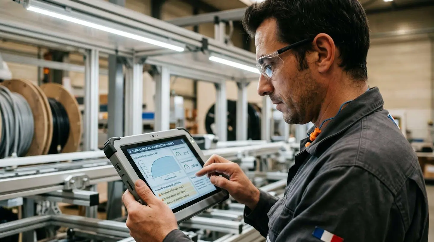Technicien français consultant tablette industrielle affichant données de production et maintenance prédictive en temps réel dans atelier de fabrication
